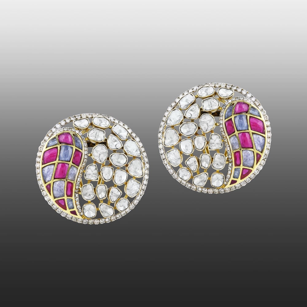Polki Earrings with Pink and Purple Talaf in Circular Design